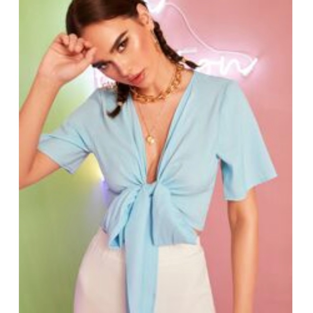 Flattering crop front tie baby blue shirt